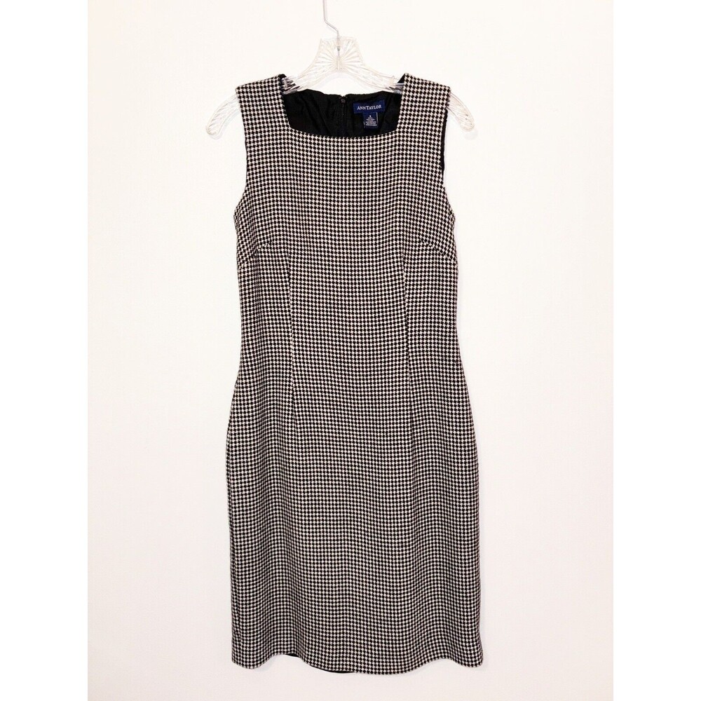 Ann Taylor Wool Black White Houndstooth Sleeveless Sheath Dress Size 8
